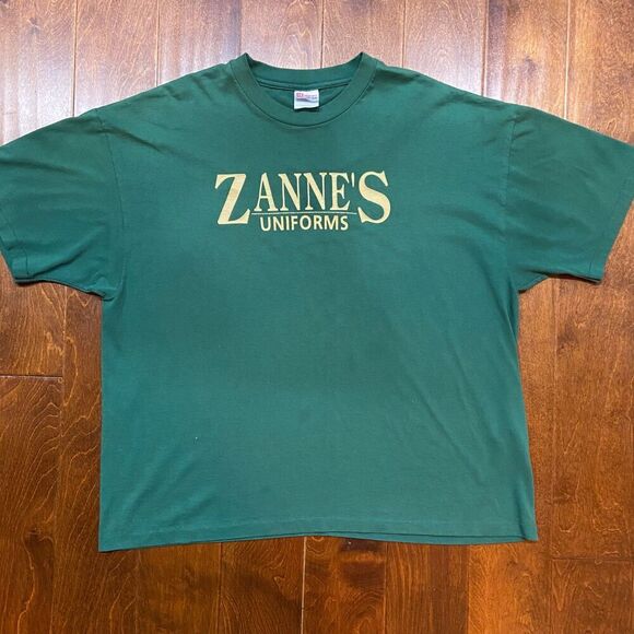 Hanes Vintage 90s Zannes Uniforms Hunter Green Basic T-Shirt Men's XXL - Picture 3 of 8
